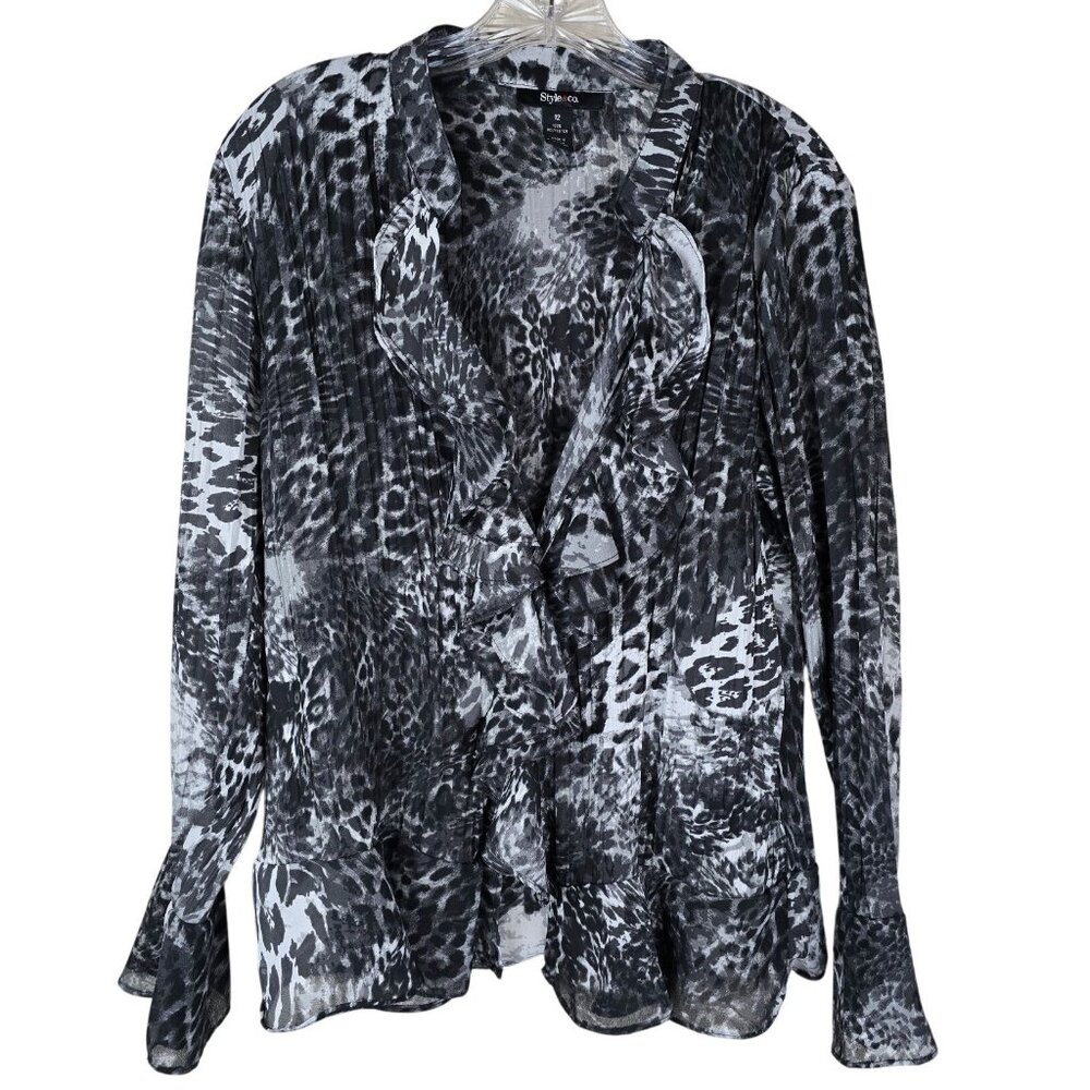 VTG‎ Y2K Animal Print Ruffled Flare Sleeve V-Neck Top Size 12 Sheer Layers